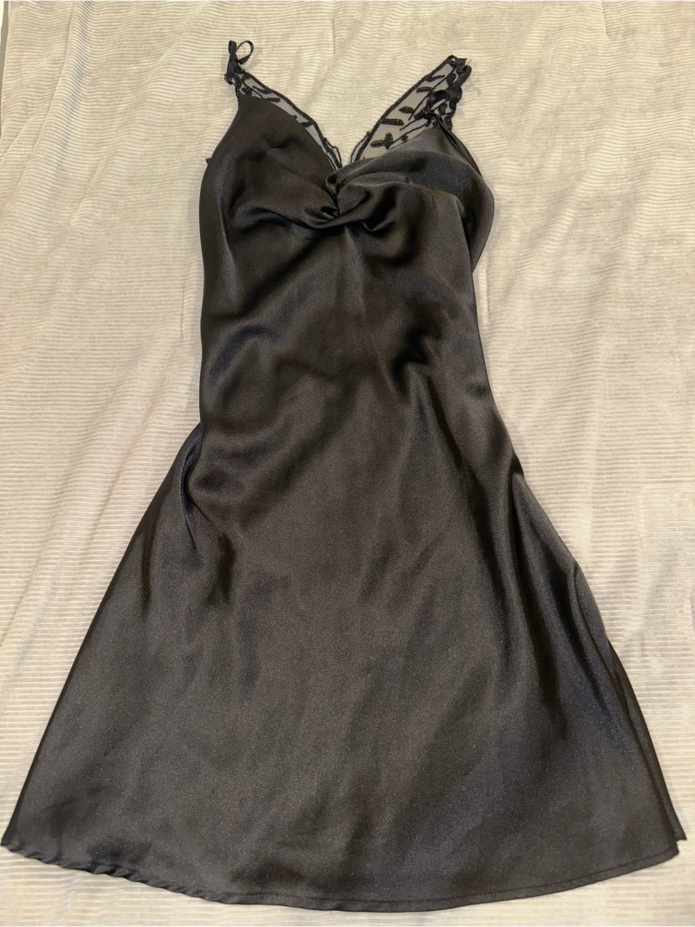 Black Satin Slip Dress with Lace Trim